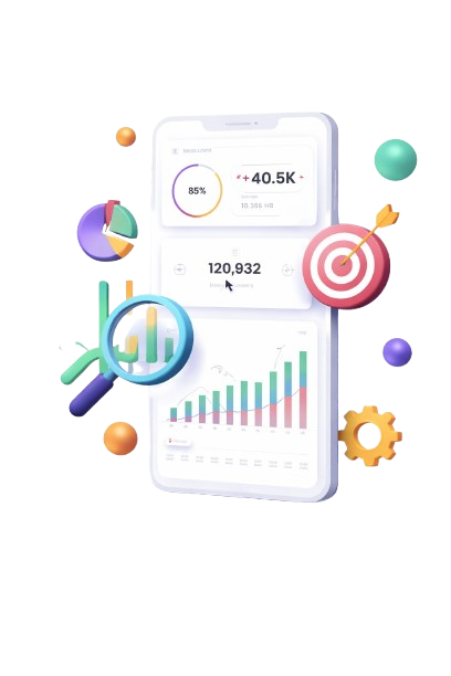3D digital marketing analytics illustration showing a smartphone dashboard with charts, user growth metrics, and performance data visualization
