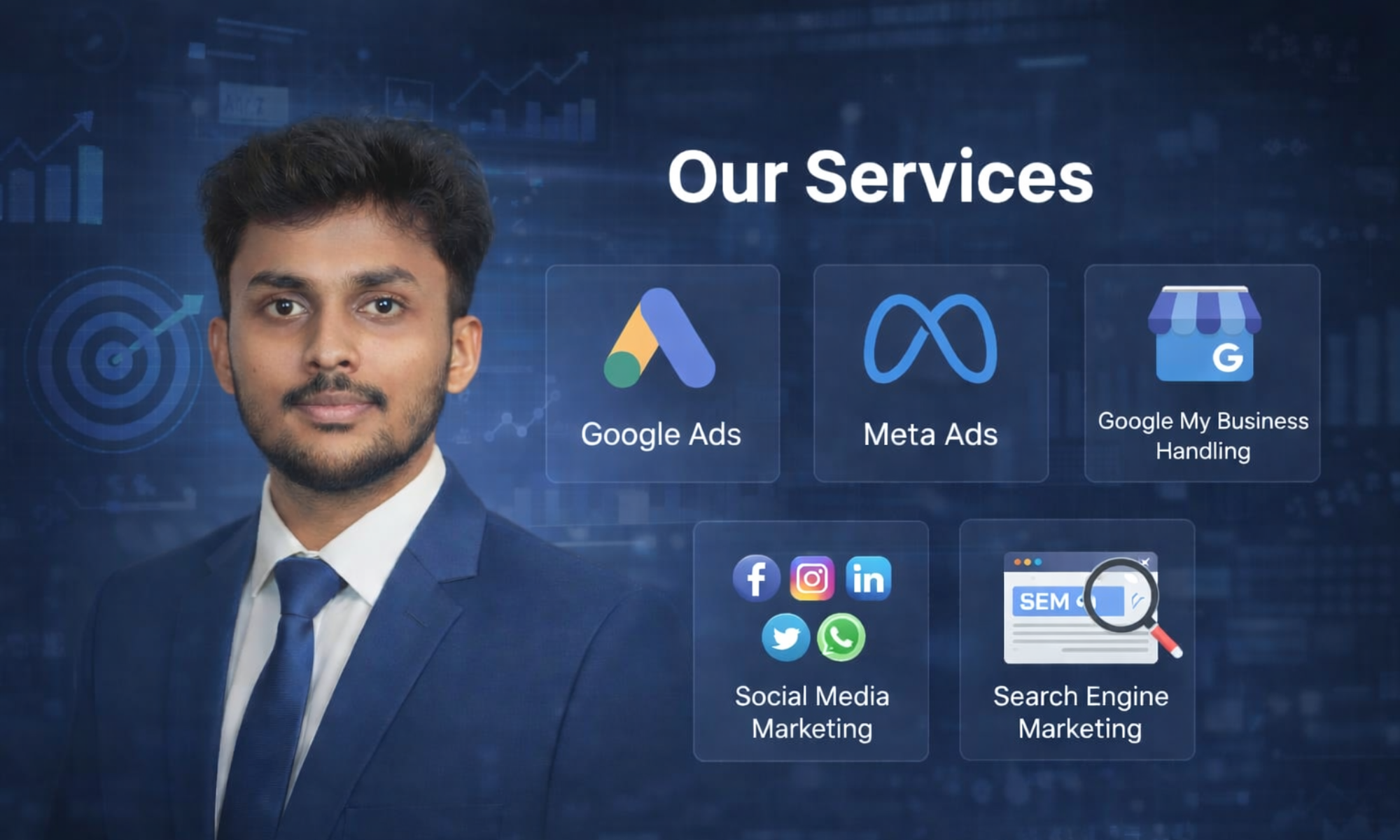 Professional digital marketing expert offering Google Ads, Meta Ads, social media marketing, search engine marketing, and Google My Business management services for business growth