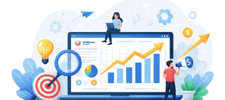 Digital marketing agency illustration showing performance marketing, data analytics dashboard, SEO strategy and business growth